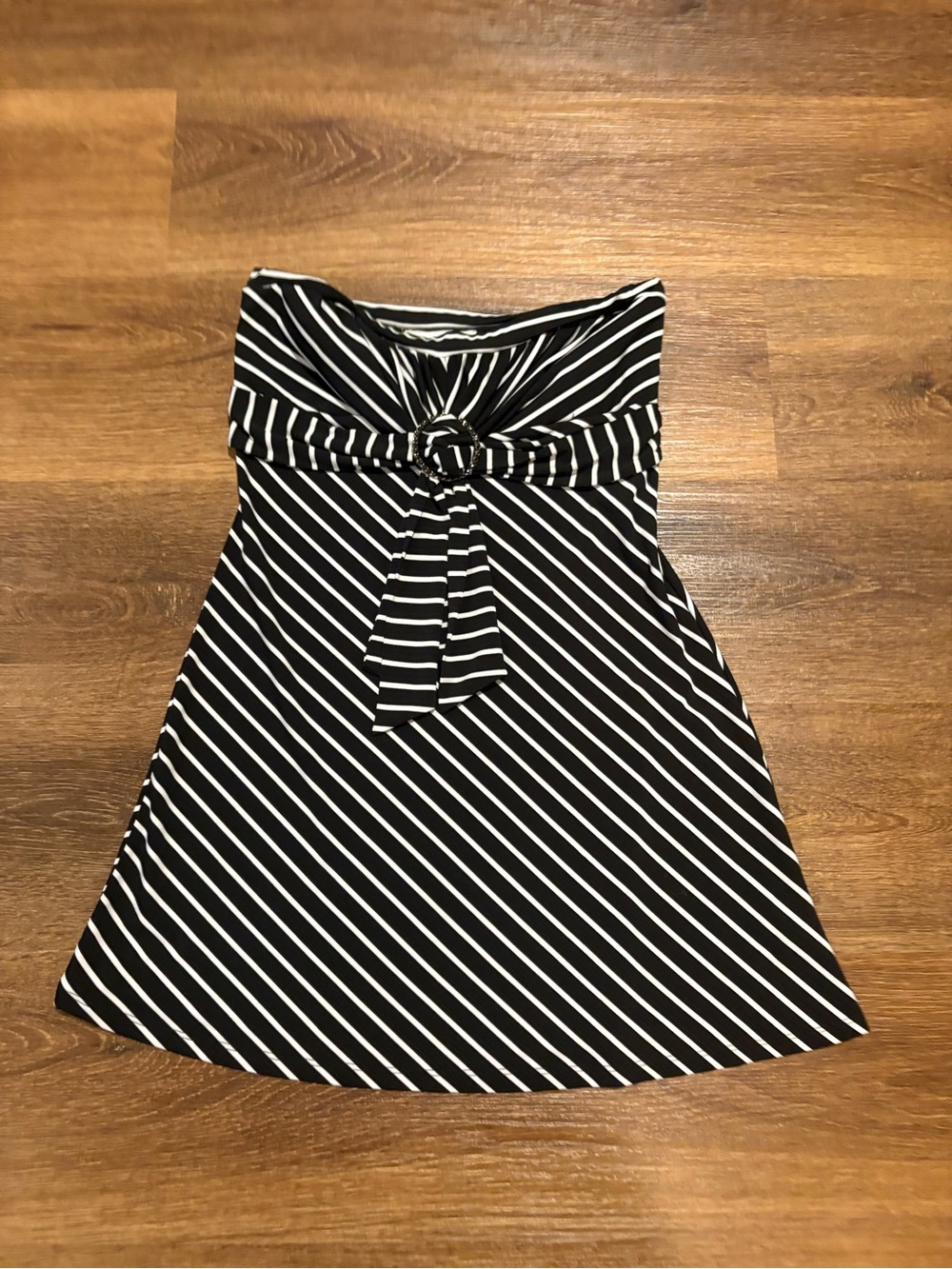 White House, black market Black & White Striped Strapless Dress with Belt